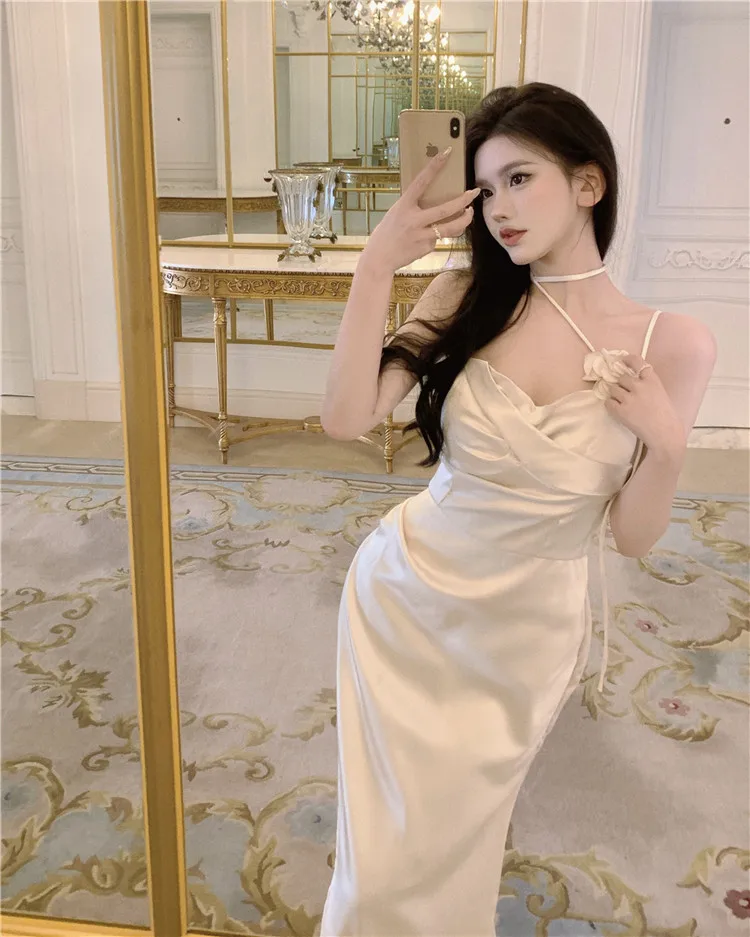 Elegant Solid Satin Midi Dress Women Spaghetti Strap Bodycon 3D Flower High Waist Slim Evening Party One Piece Lady Vestidos