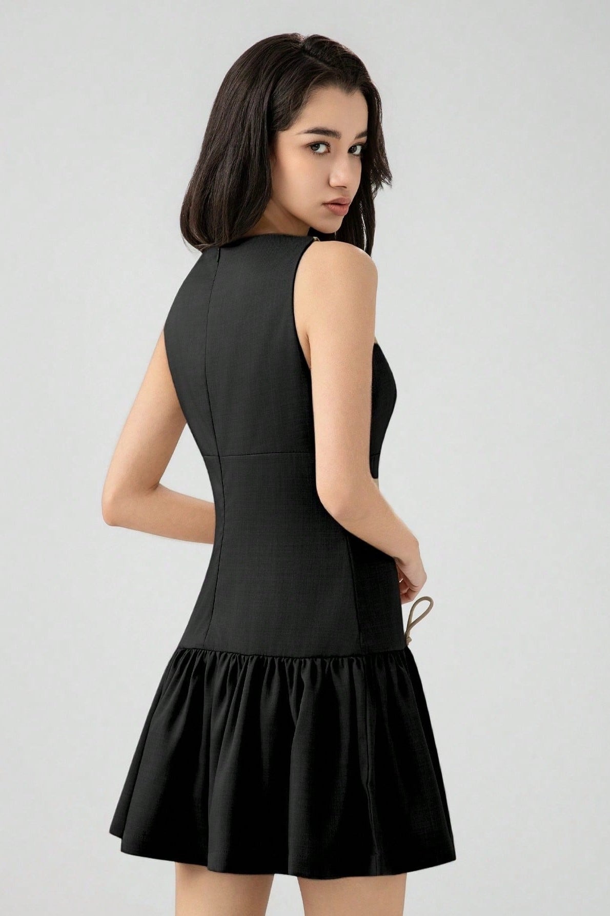 Crew Neck Dropped-Waist Bow-Tie Flounce Mini Dress