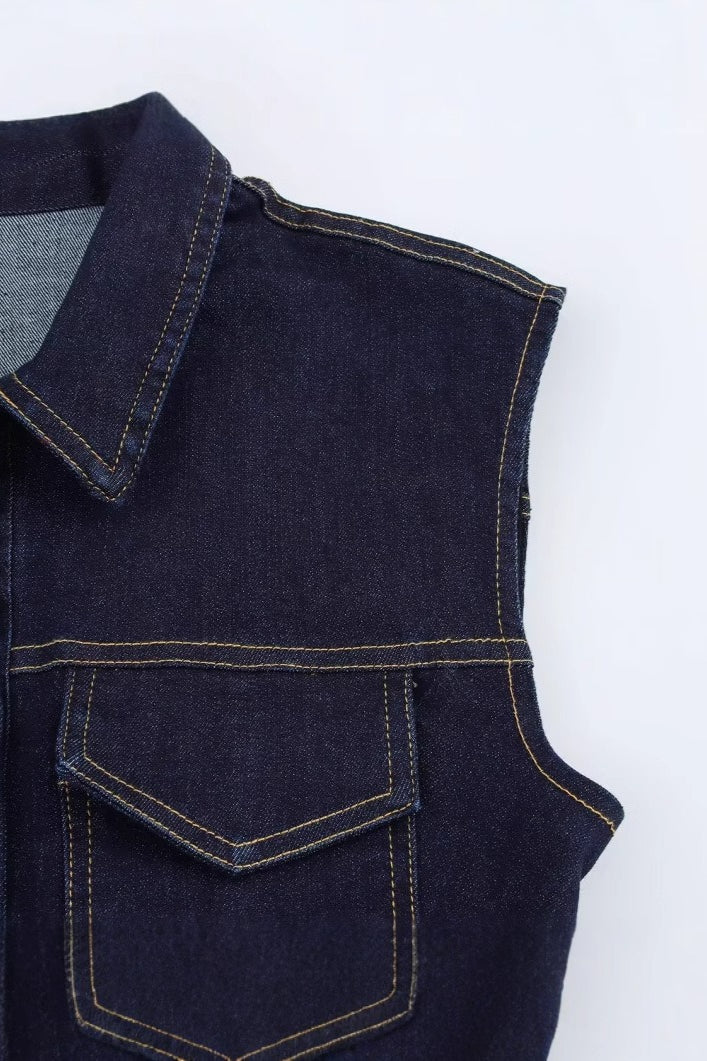 Denim Shirt Collar Sleeveless Button Front Chest Pocket Bodycon Mini Dress