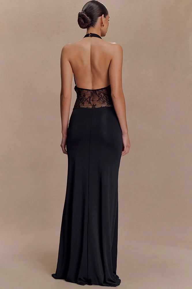 Halter Plunging V-Neck Lace Panel Ruched Drape Maxi Gown