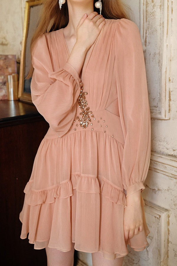 Rhinestone Deep V-Neck Bishop Sleeve Cut Out Waist Tiered Chiffon Mini Dress