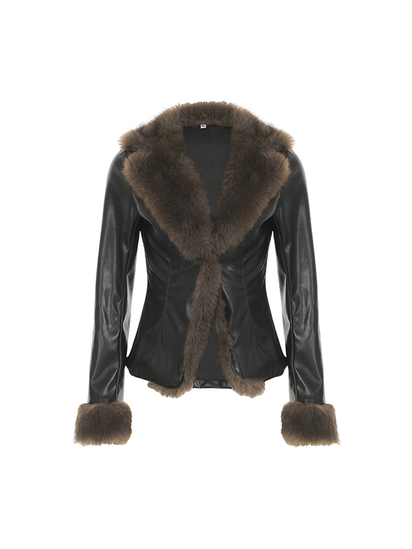 American Style Fur Collar Patchwork Leather Jacket