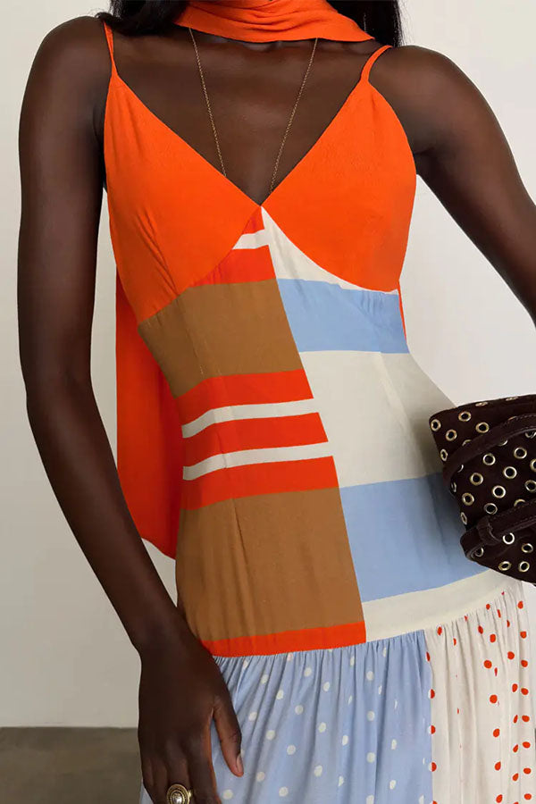 Vibrant Touch Color-blocked Polka Dot Print Slip Pleated Hem Maxi Dress