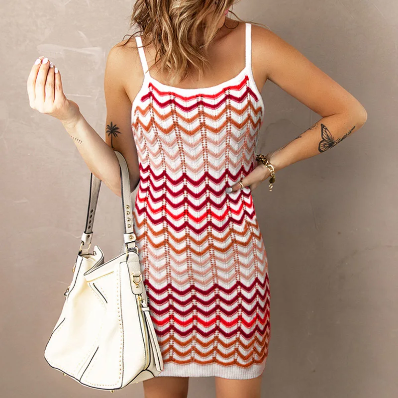 Color Wavy Stripes Slim Spaghetti Strap Mini Dresses Women Knitted Hollow Out Package Hip Bodycon Short Dress Female Streetwear 27 undefined