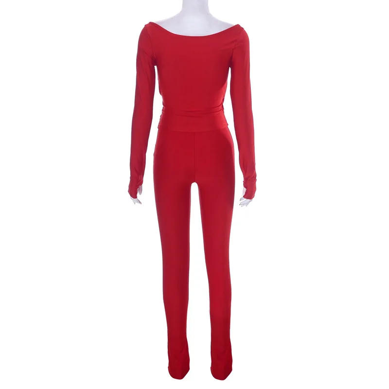 Elegant Women Tracksuit 2 Piece Set Skinny Cross Slash Neck Crop Tops Leggings Stretch Matching Streetwear Outfits