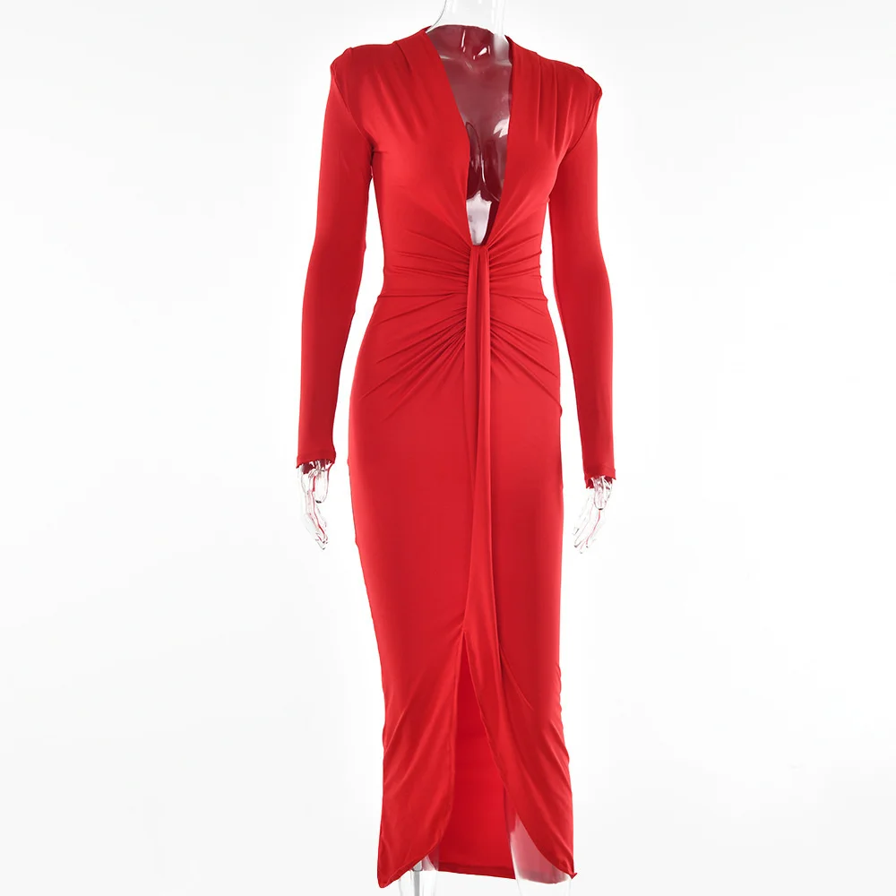 Ootddress Elegant Deep V Neck Full Sleeve Long Dress For Women Robe Fashion Autumn New Irregular Ruched Bodycon Midi Dress