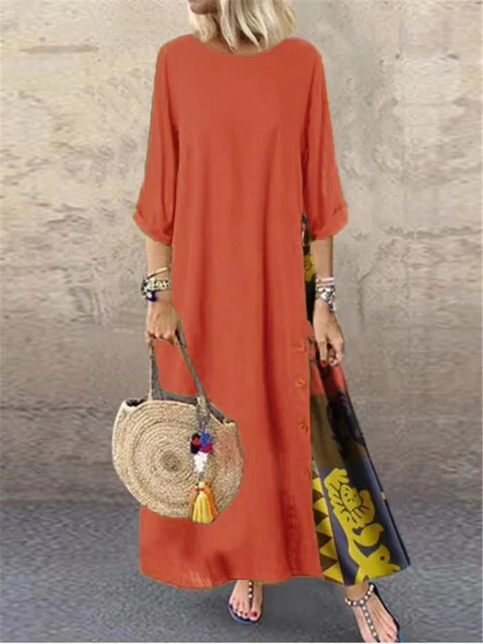 Cotton Linen Vintage Long Dresses Women Three Quarter Sleeves Splicing Print Loose A-line Dress Fashion Casual Lady Maxi Vestido 10 undefined