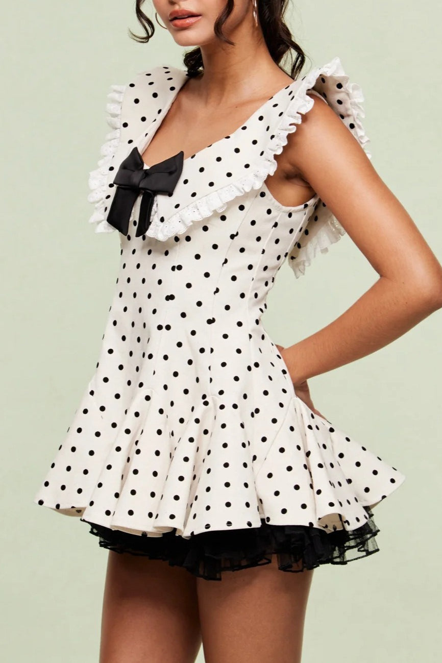 Polka Dot Lace Collar Bow Accent Ruffled Tiered Mini Dress