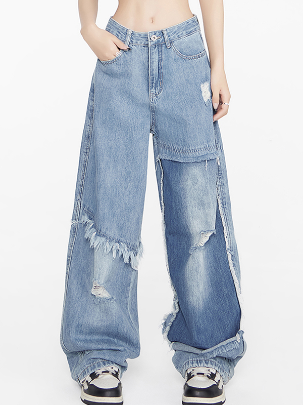 Niche slimming straight wide legs Ripped Jeans