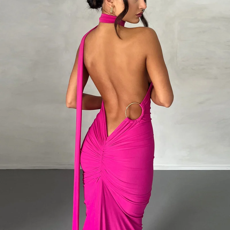 Ootddress Oblique Shoulder Backless Maxi Dress For Women Gown Summer Back Strap Sleeveless Ruched Party Sexy Long Dress Vestidos