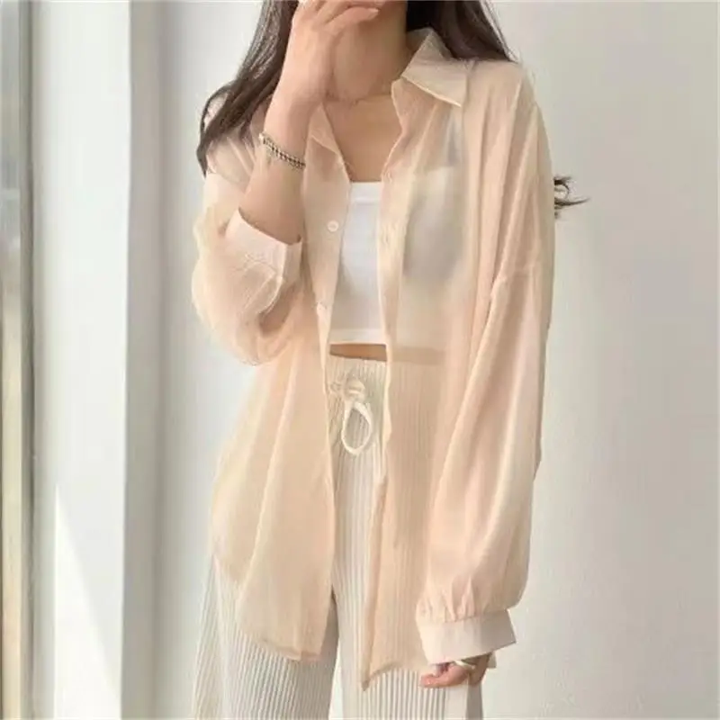Perspective Shirts Women Sheer Thin Chic Summer Simple Solid Sun-proof Top Fashion Blouse Baggy All-match Basic Korean Clothing