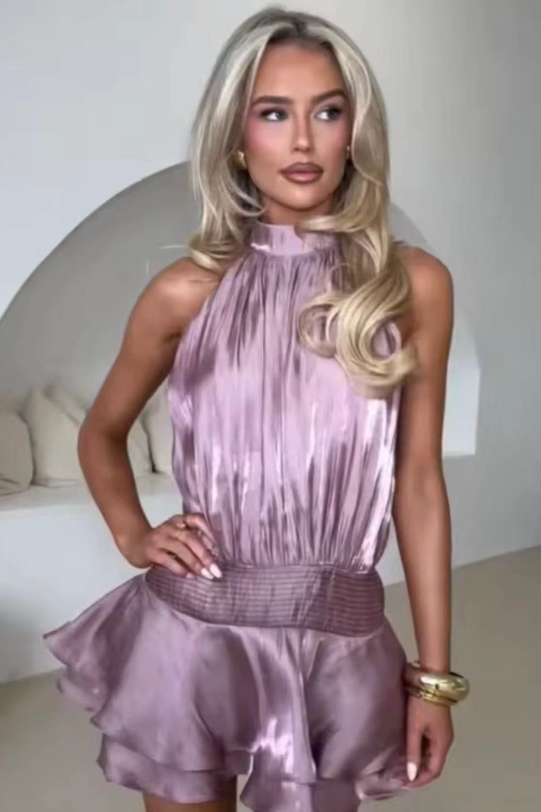 Jacquard Stripe Halter Neck Smocked Waist Tiered Ruffle Mini Dress