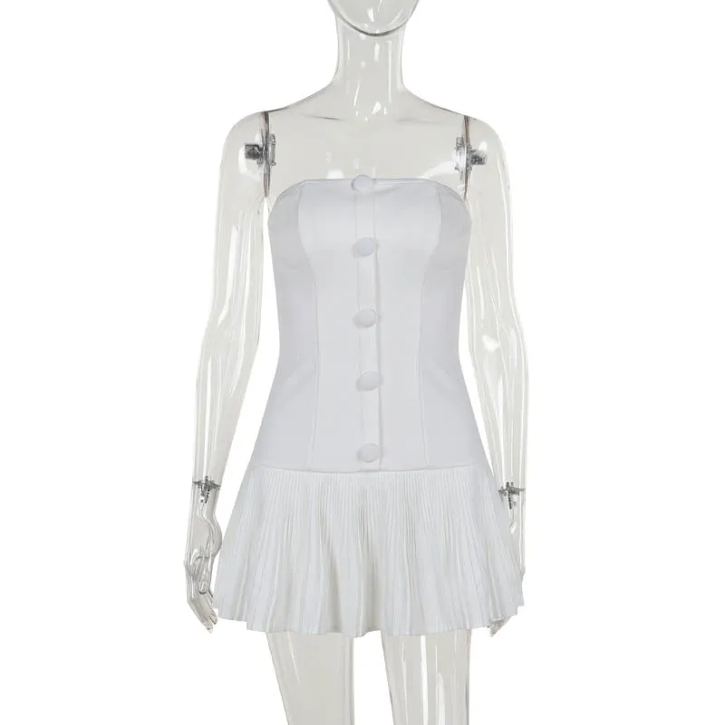 JULISSA MO Sexy Strapless Pleated Women Dress White Single Breasted High Waist Dress Female Summer Skinny Elegant Party Clubwear