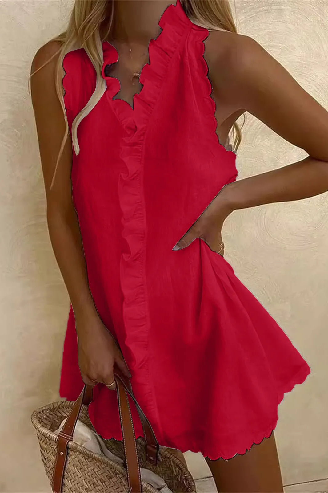 Sleeveless Ruffle Trim V-Neck Scalloped Hem Linen Blend Mini Dress