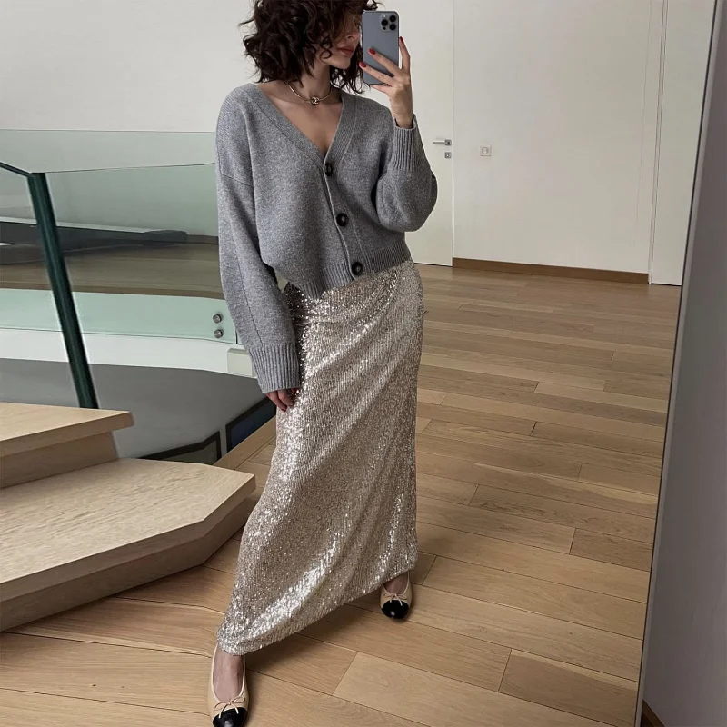 Ootddress Sequins Loose Dress Sets Women Long Sleeve Crop Tops High Waist Sexy Maxi Skirts Ladies Two Piece Suits Womens Outifits