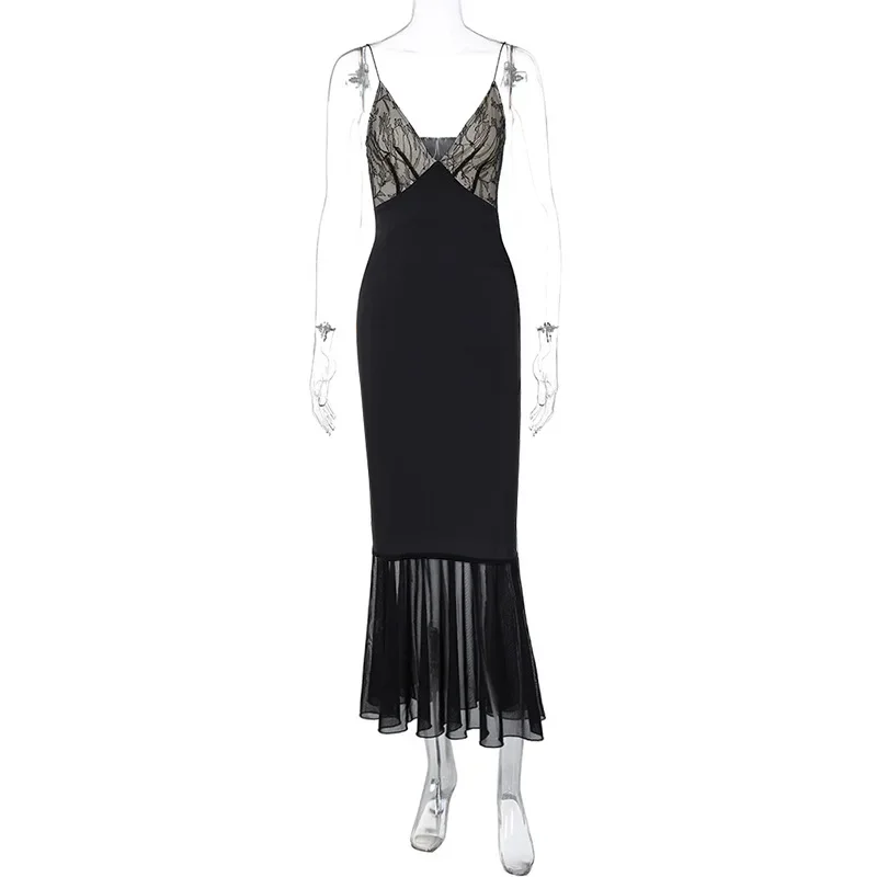 Ootddress Lace Splice Maxi Dresses For Women Sexy Deep V Neck Mesh Slim Dress Woman Temperament Clubwear Party Evening Dress Femme