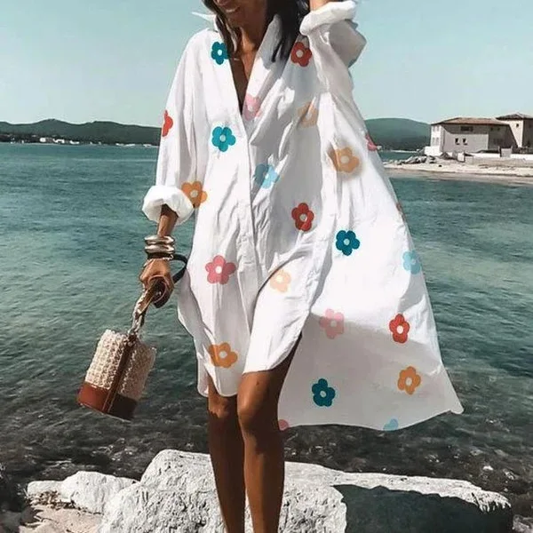 Color Flowers Printed Shirts Dresses Women Fashion Temperament Commuting Loose Midi Shirts Dress Lady Vestidos Spring Summer New 9 Color Flowers Printed Shirts Dresses Women Fashion Temperament Commuting Loose Midi Shirts Dress Lady Vestidos Spring Summer New