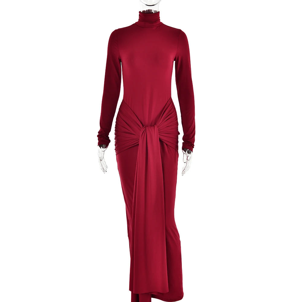 1.jpg Ootddress High Neck Long Sleeve Bodycon Dress For Women Tight Elastic Lace Up Maxi Long Dress Autumn New Party Club Vestidos