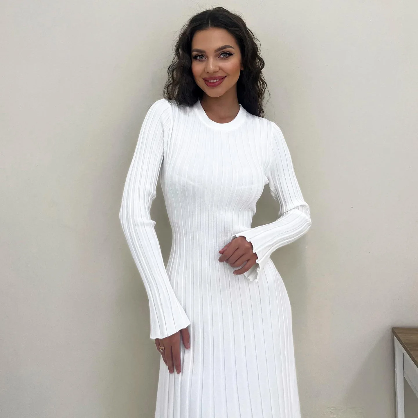 Ootddress Black Autumn Knitwear Maxi Dress Women's Ribbed Loose Patchwork Fashion High Waist Solid Dress Femal Bodycon Knit Dress