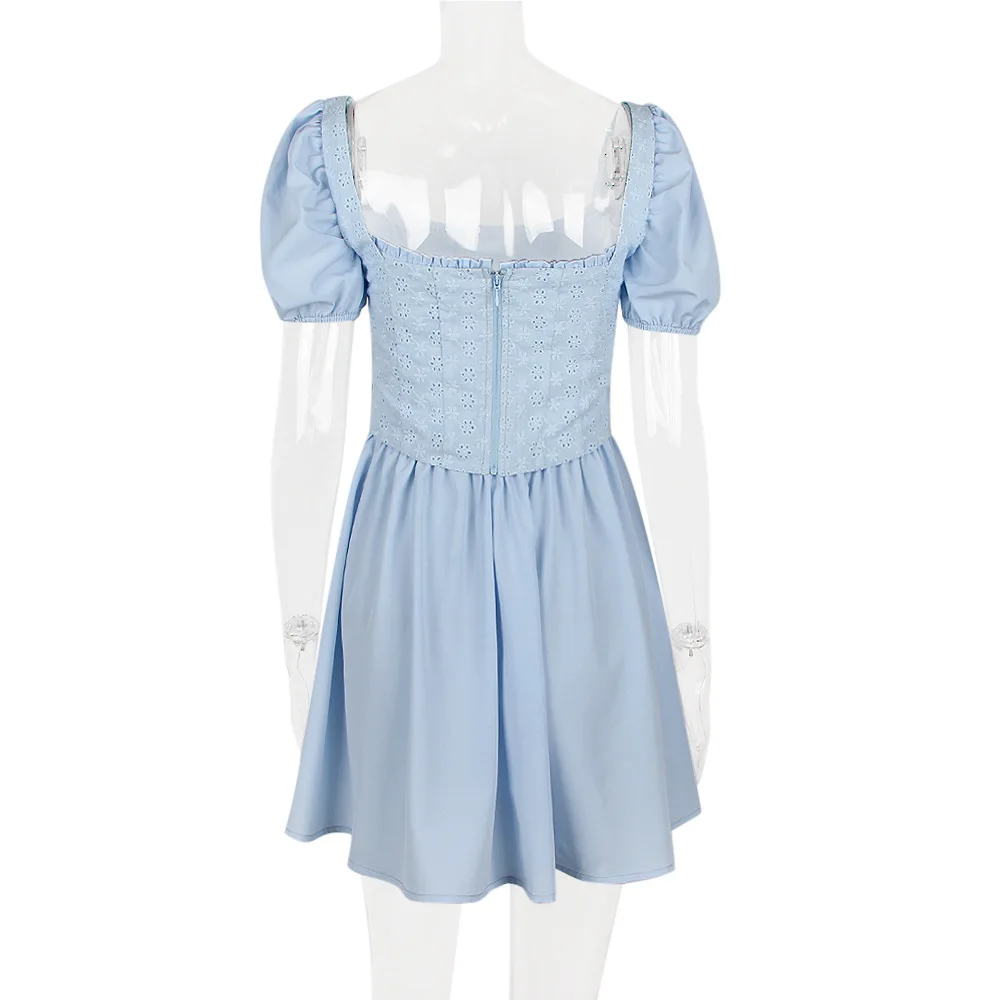 Ootddress Elegant Short Puff Sleeve Sexy Mini Dress Women Fashion Square Collar Backless A-line Pleated Club Party Dress Vintage