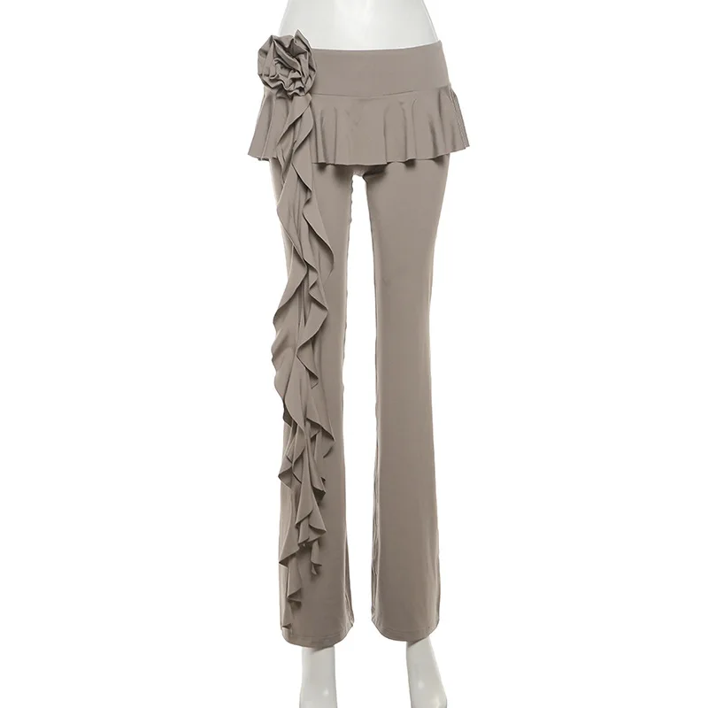 Ootddress Fashion Flower Ribbons Straight Pants For Women Solid Color Casual High Strecth Folds Patchwork Female Summer Trousers