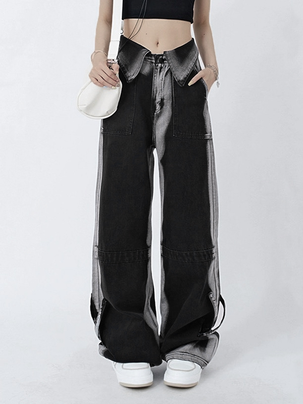 Vintage Wash Turned Waist Boyfriend Jeans