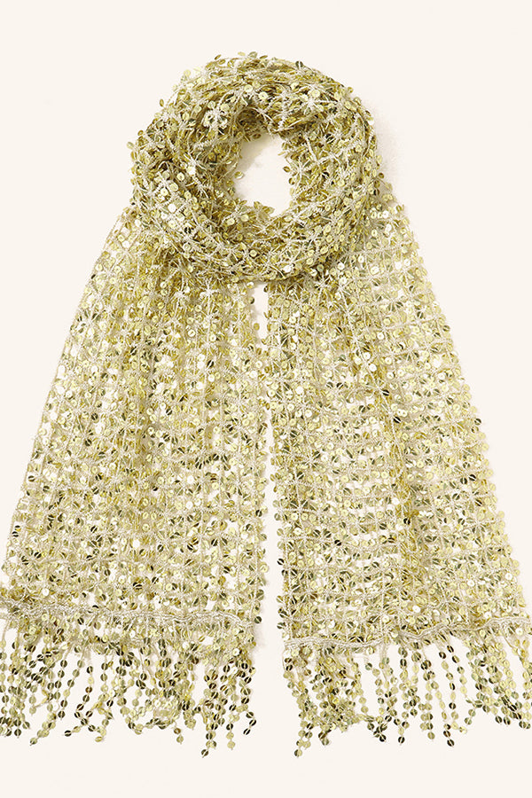 Stylish Sequined, Fringed, and Open-knit Shawl-style Scarf