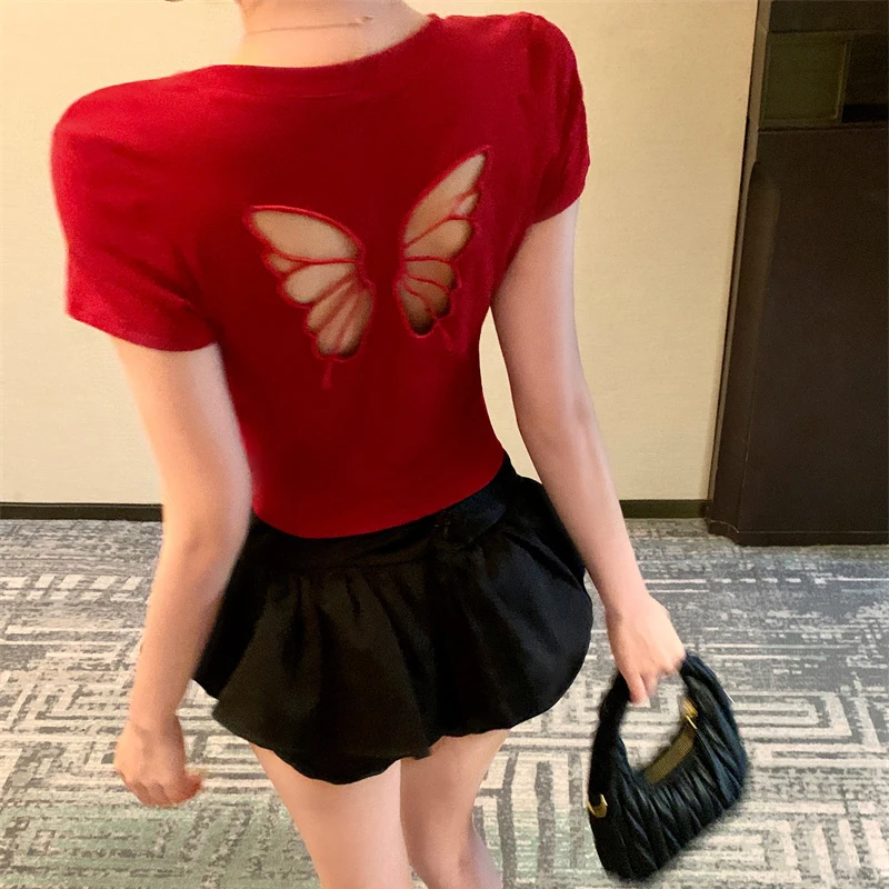 Fashion Women T-shirt Short Sleeve O Neck Solid Slim Fit Ladies Crop Top Butterfly Hollow Backless for Casual Tops Summer 2025 17 Fashion Women T-shirt Short Sleeve O Neck Solid Slim Fit Ladies Crop Top Butterfly Hollow Backless for Casual Tops Summer 2025