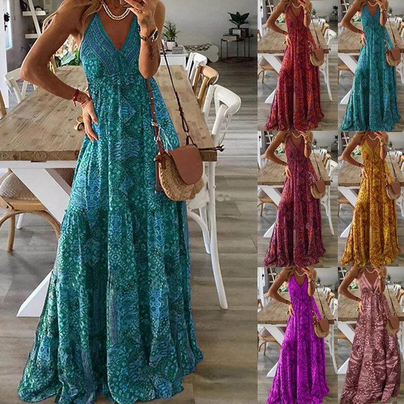 2025 Spaghetti Strap Dresses For Women Vintage Printed Bohemian Style Beach Dress Fashion Sexy V-neck Lady Maxi A-line Vestidos