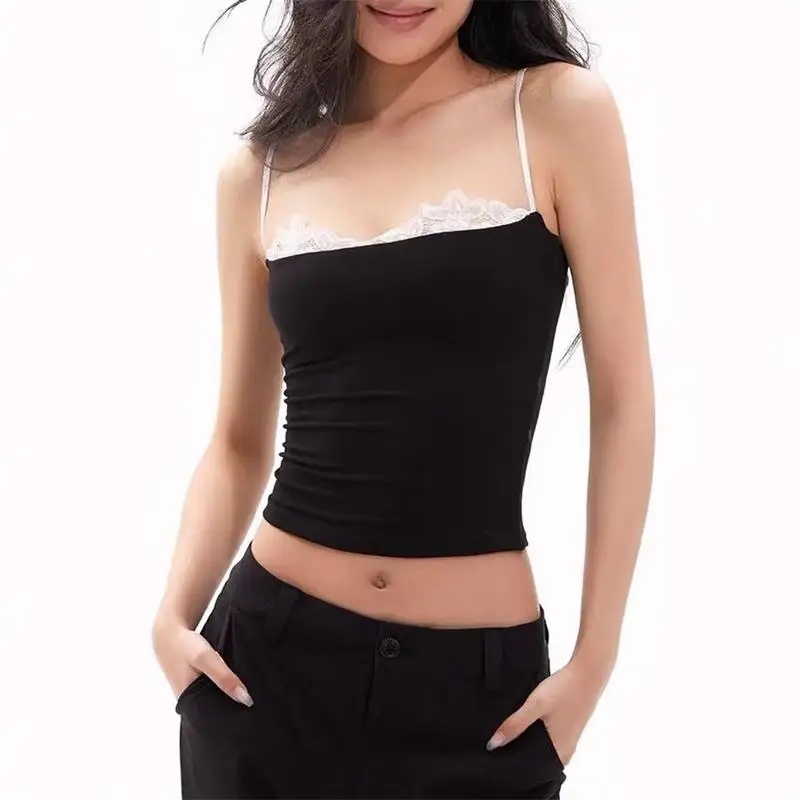 Black Lace Patchwork Sling Tops Women Elasti Crop Top Summer Backless Sleeveless Tank Top Y2K Clothes Girls Cute Camisole Vest