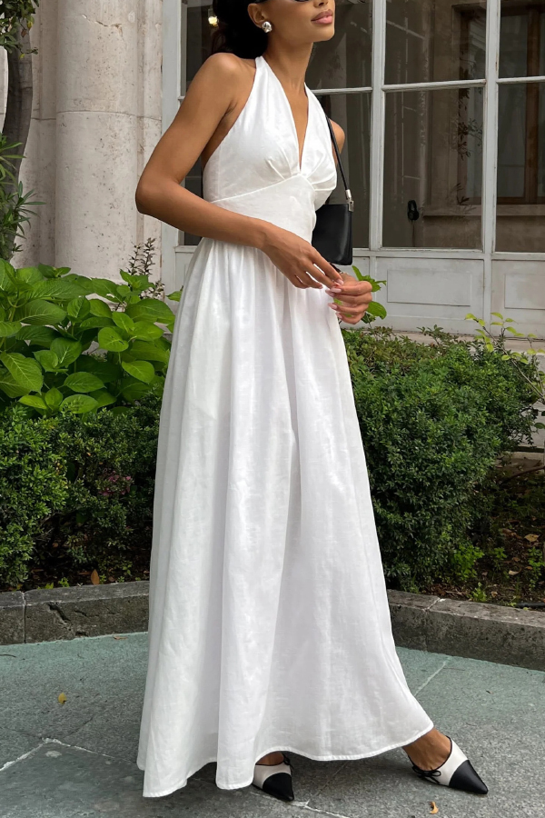 Solid Color Halter Neck Tie Elegant Backless Waist-cinching Maxi Dress
