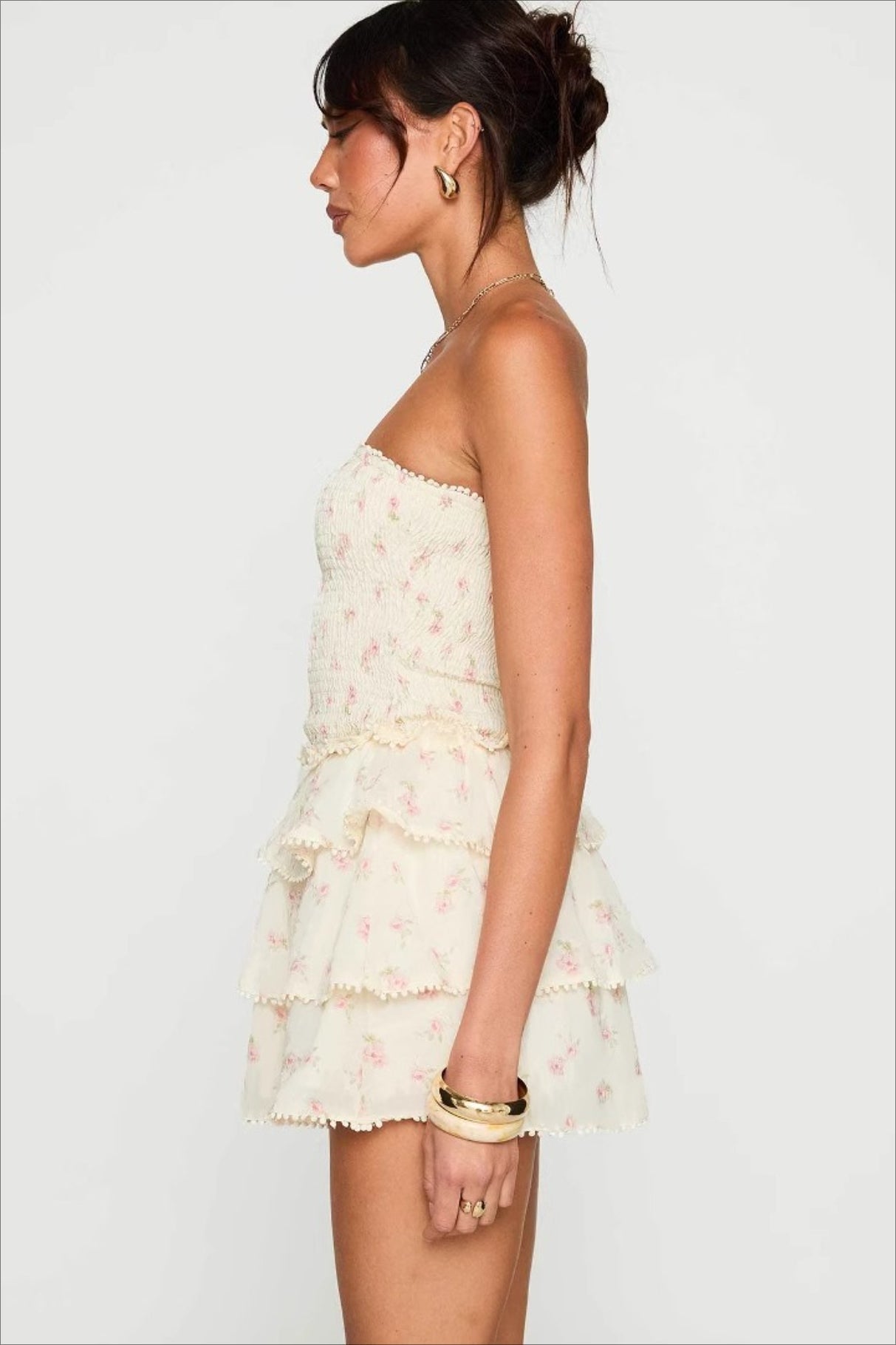 Strapless Smocked Floral Tiered Ruffle Pom Trim Mini Dress