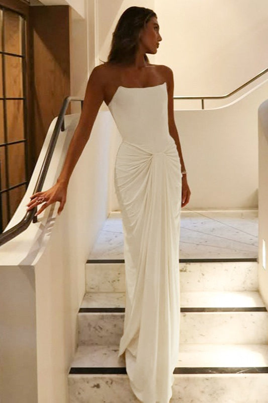 Strapless Knot Waist Ruched Floor Length Column Gown