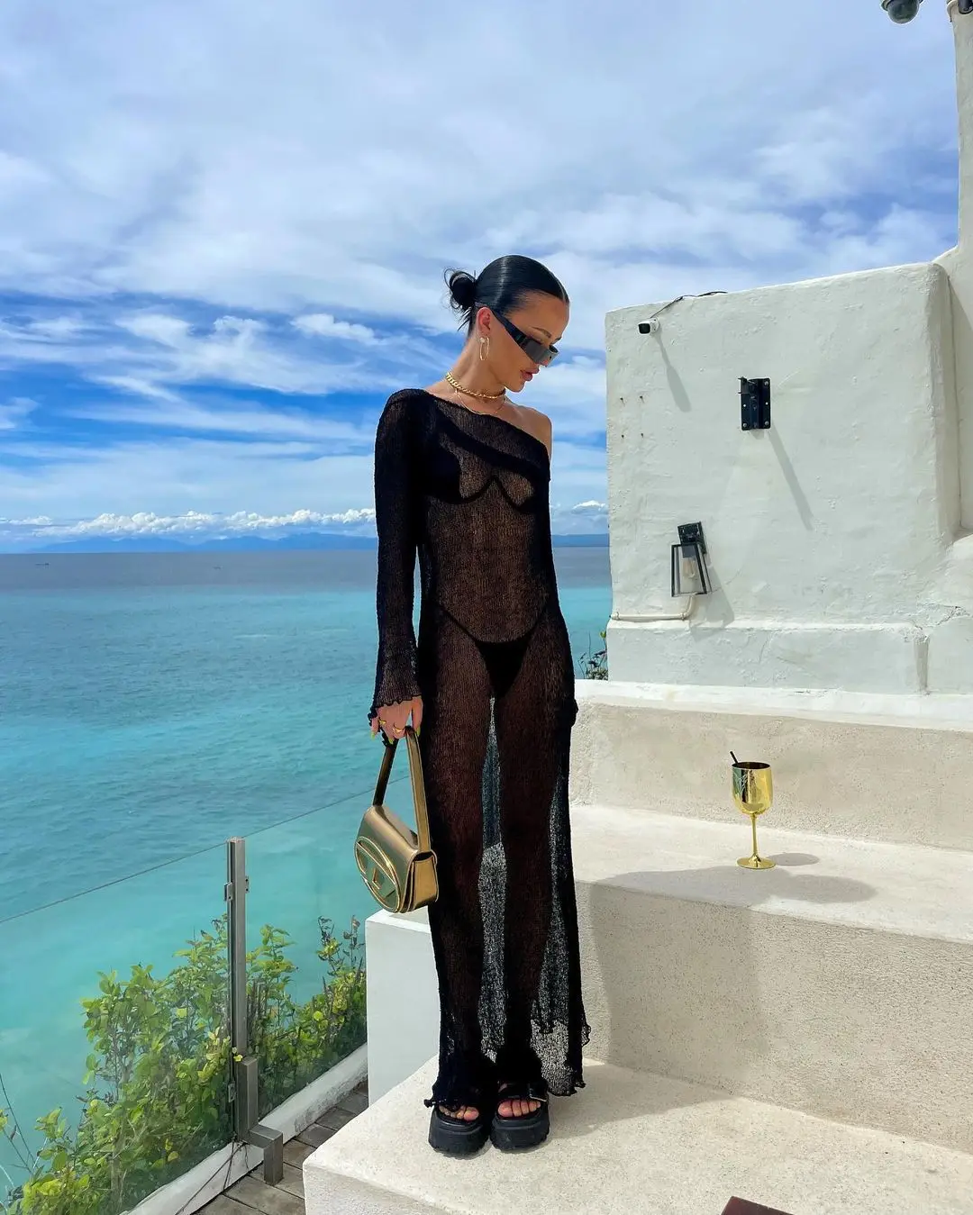 Ootddress Beach Cover Up Outfits For Women Summer Holiday Party Beach Dress Backless See-Through Oversized Crochet Dress Swimwear