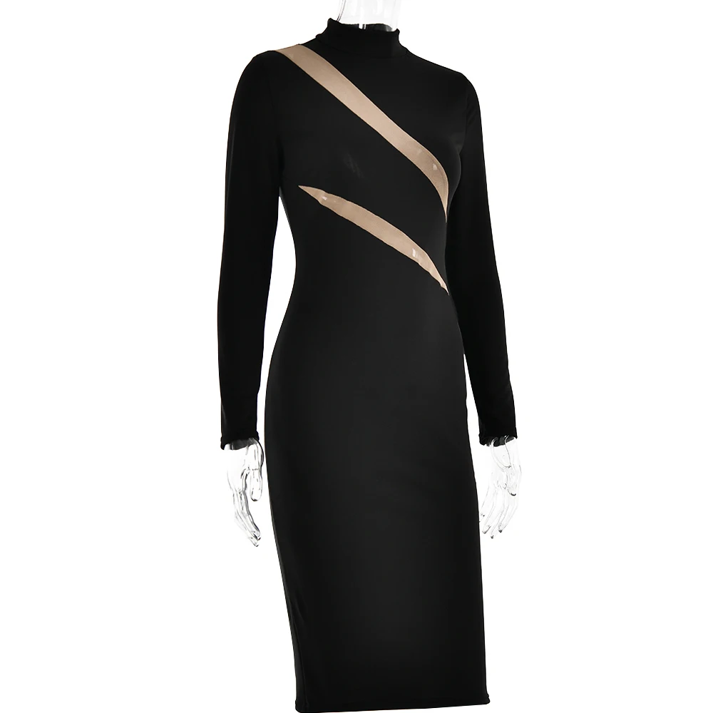Ootddress Autumn/Winter Long Sleeve Mesh Patchwork Dress Women's Perspective Bodycon Midi Dress Female Elegant Party Evening Dress