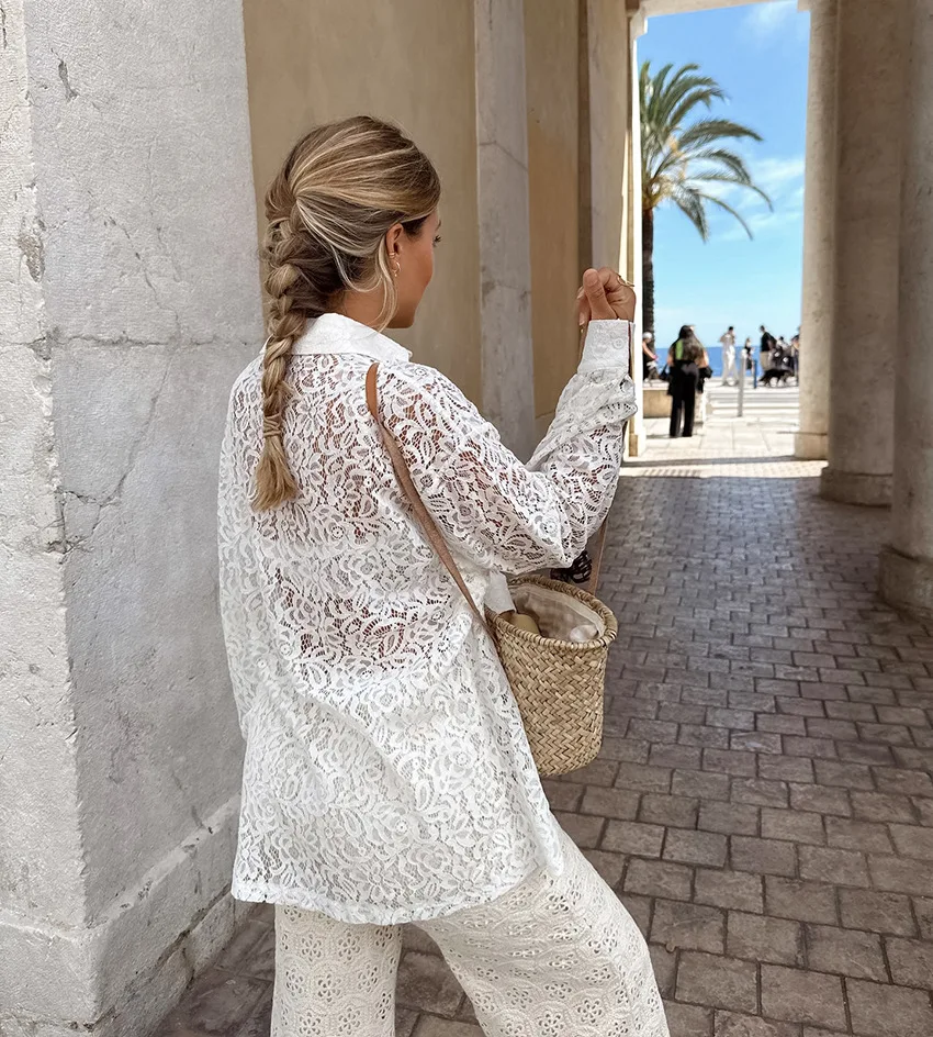 Ootddress Hollow Out Printed Loose Shirts For Women Fashion Patchwork Lace See-Through Summer Top Long Sleeve Female Casual Blouse