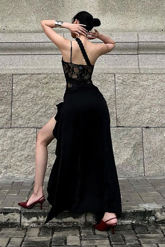 Asymmetric Lace Panel Deep V-Neck Cut Out High Split Ruffle Trim Mini Dress