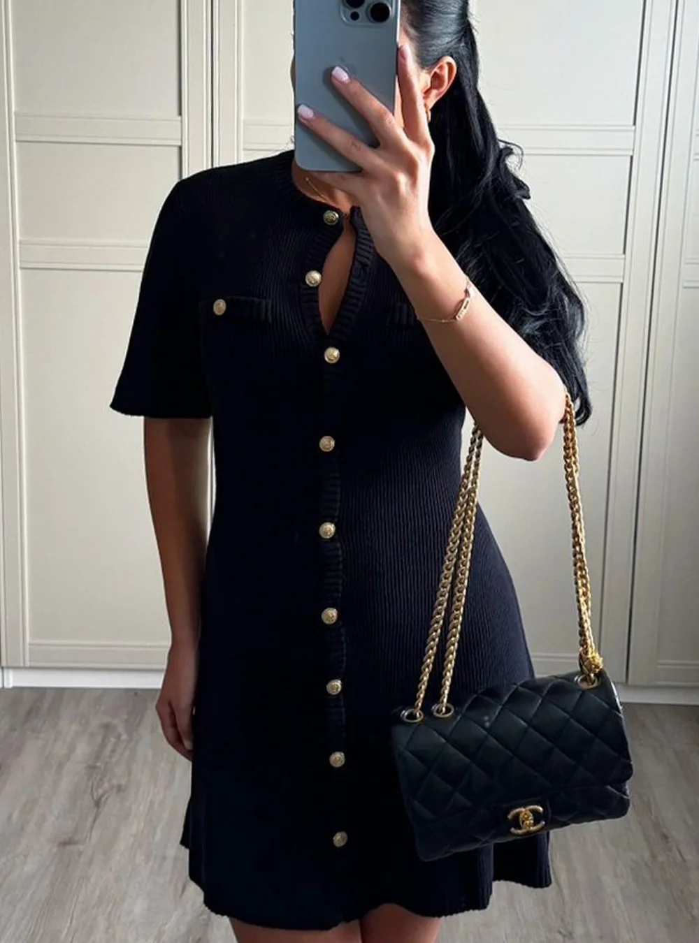 Solid Color Elegant Knitted Mini Dress For Women Metal Button Sexy Slim Rib Sweater Dress Holiday Party Outfits Spring 2025 New