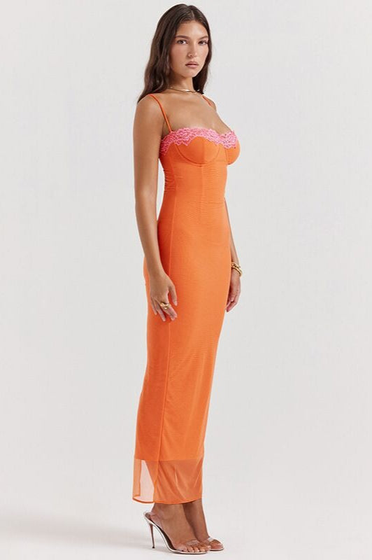 Ribbed Lace Trim Balconette Spaghetti Strap Bodycon Maxi Dress