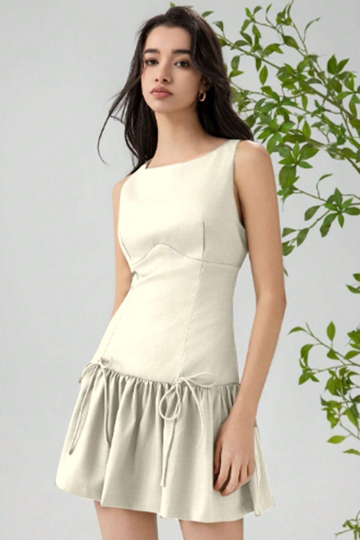 Crew Neck Dropped-Waist Bow-Tie Flounce Mini Dress