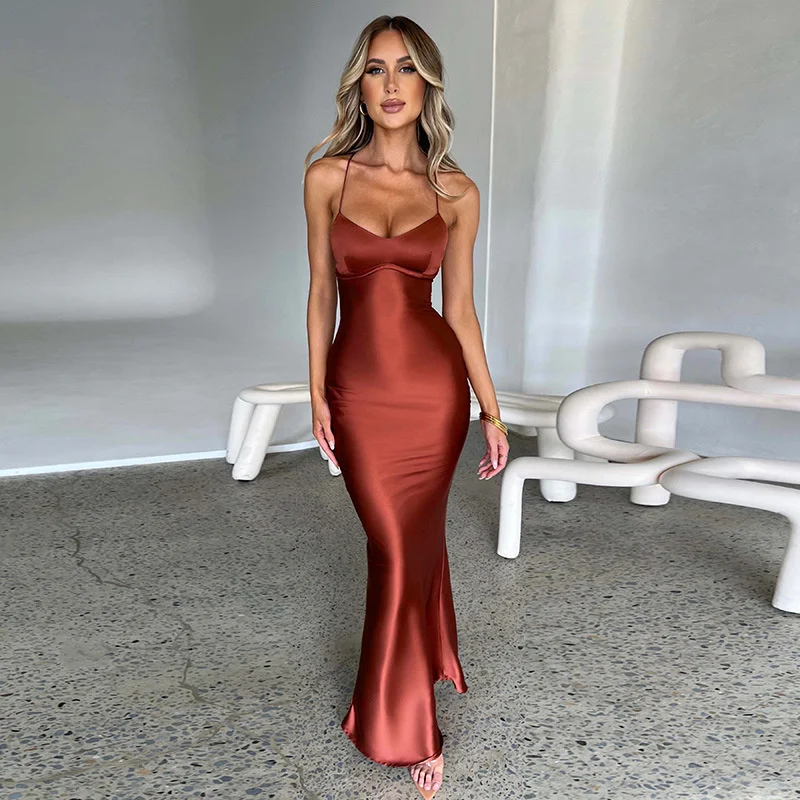 Ootddress Satin Backless Maxi Dress For Women 2025 Autumn New Spaghetti Strap Sleeveless Bodycon Long Dress Vestido Clubwear