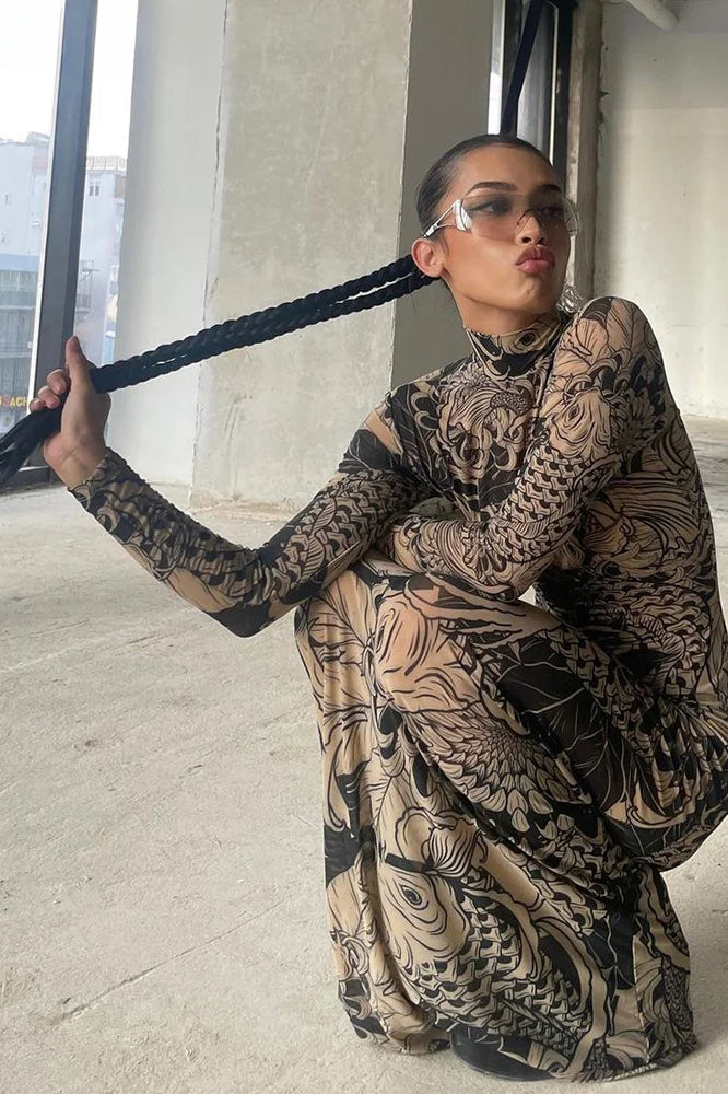 Mock Neck Long Sleeve Koi Fish Tattoo Print Mesh Bodycon Maxi Dress