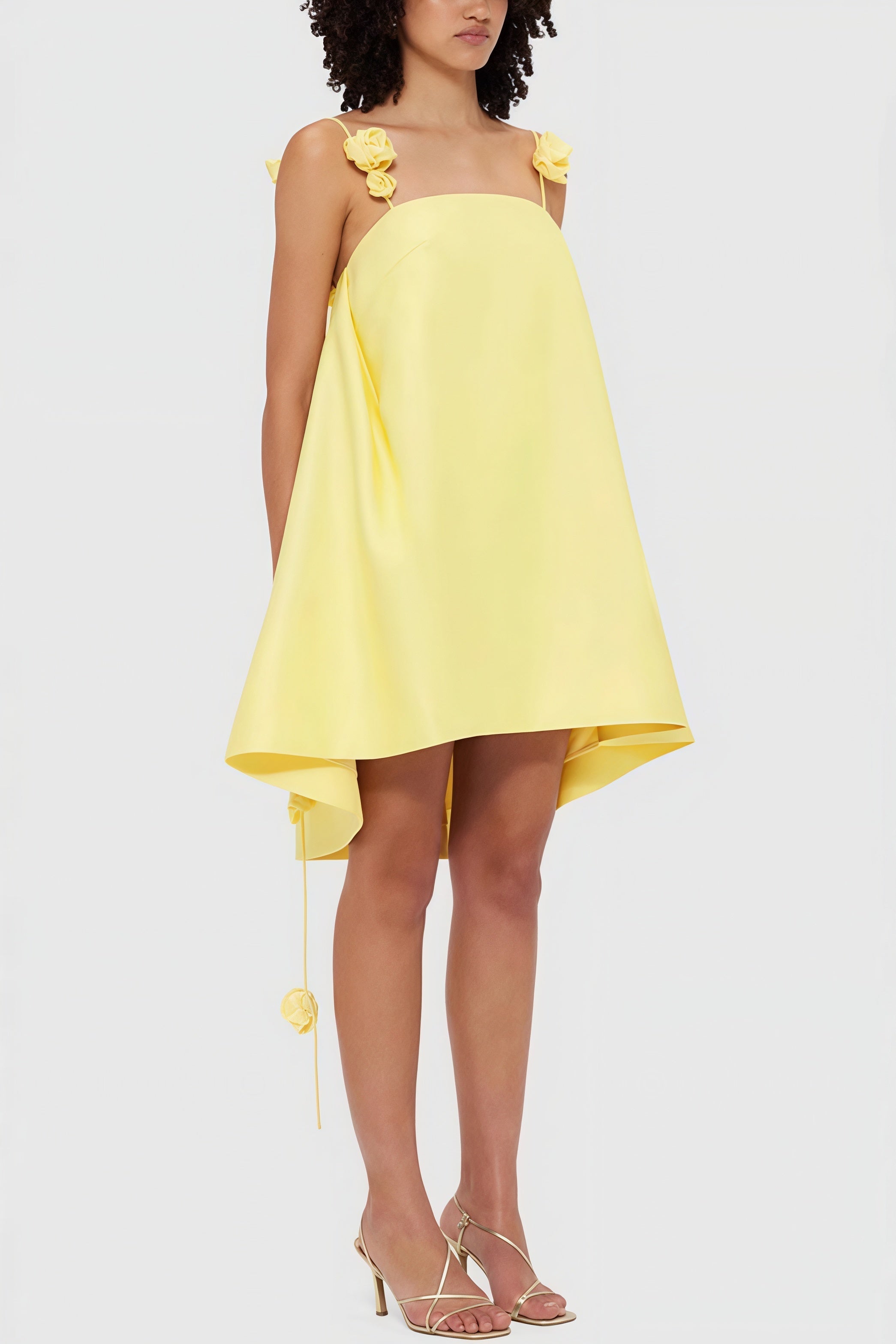 Square Neck Spaghetti Strap Rosette Applique Satin Trapeze Mini Dress