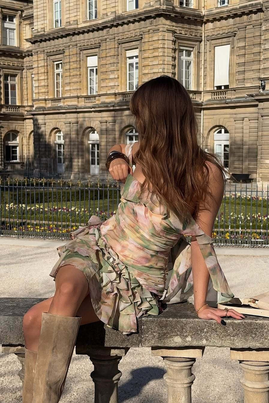Strapless Floral Print Chiffon Cape Sleeve Tiered Ruffle Mini Dress