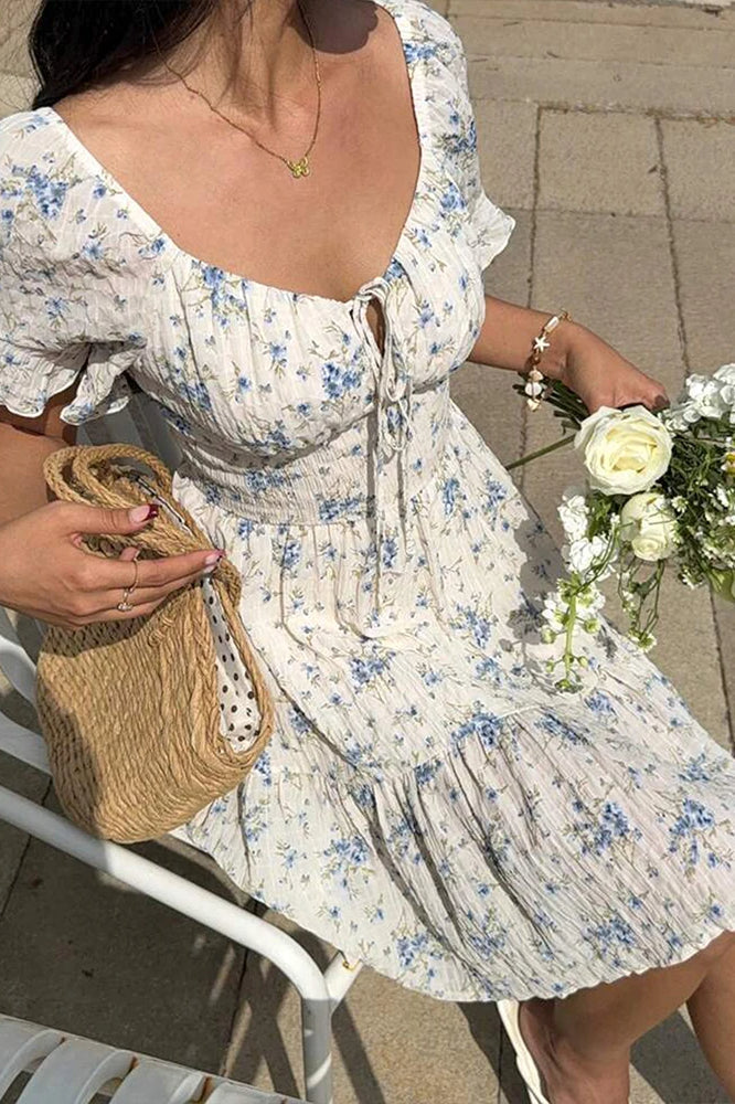 Floral Puff Sleeve Smocked Waist Sweetheart Tie Summer Mini Dress