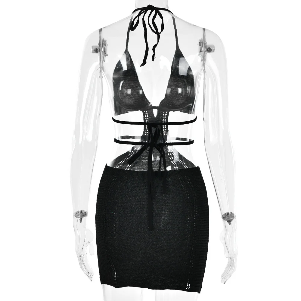 Ootddress Hollow Out Halter Sexy Mini Dress Women Summer New Sleeveless Backless Skinny Club Party Knit Tank Dress Vestido
