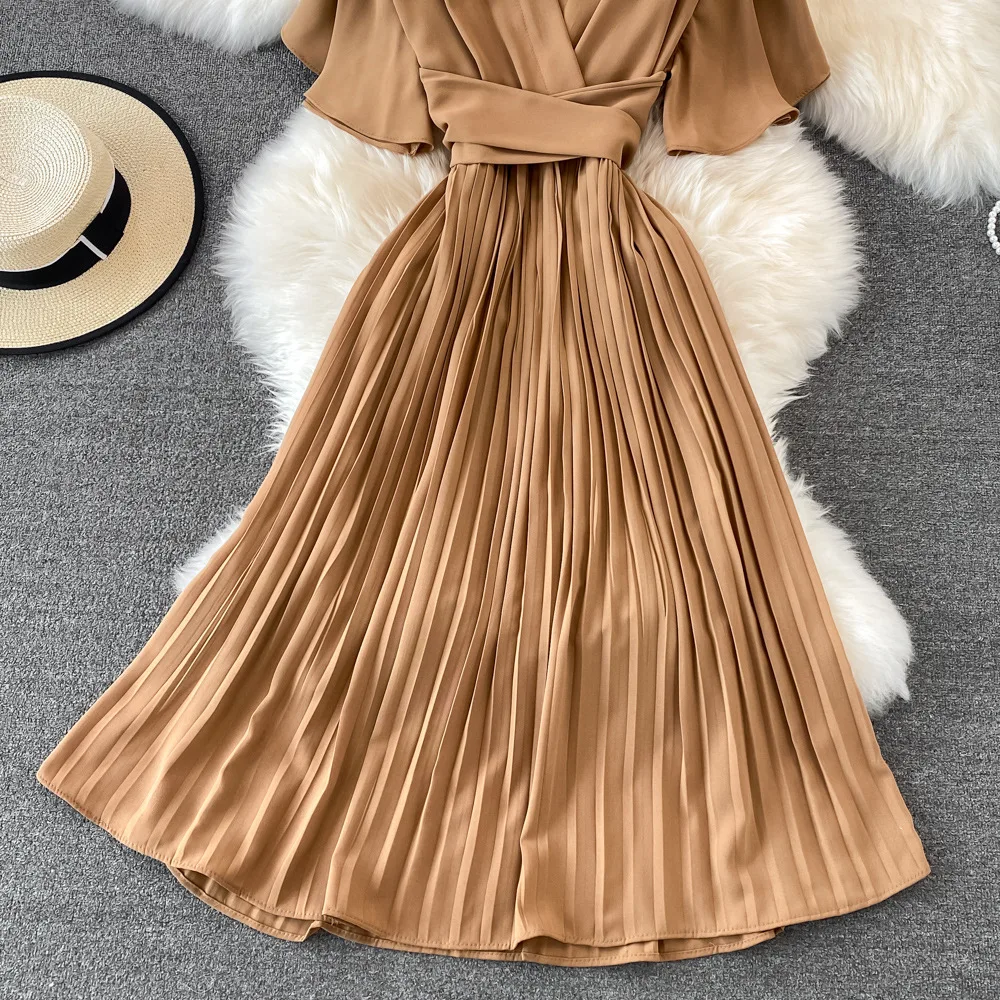 Women Elegant Pleated Dress Summer Short Sleeve V-neck Vintage Dresses Ladies A Line High Waisted Midi Dress