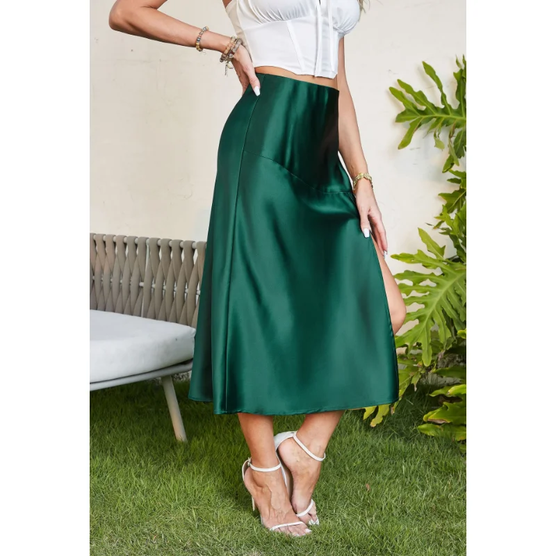 Ootddress Satin High Waist Slim Long Skirt Patchwork For Women Split Elegant Fashion High Street Solid Maxi Skirt Summer Maxi Skirt