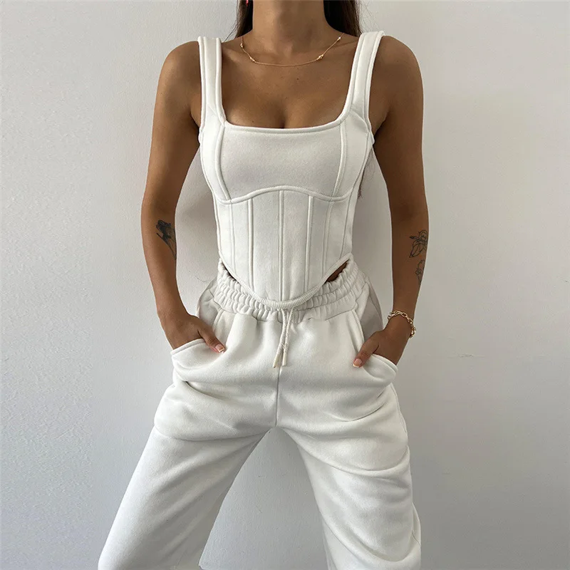 Ootddress Lace Up Pants Sets Women Slim Solid Splice Tank Tops Woman Long Sleeve Short Hoodies And Pant Suits Women Outfits Winter