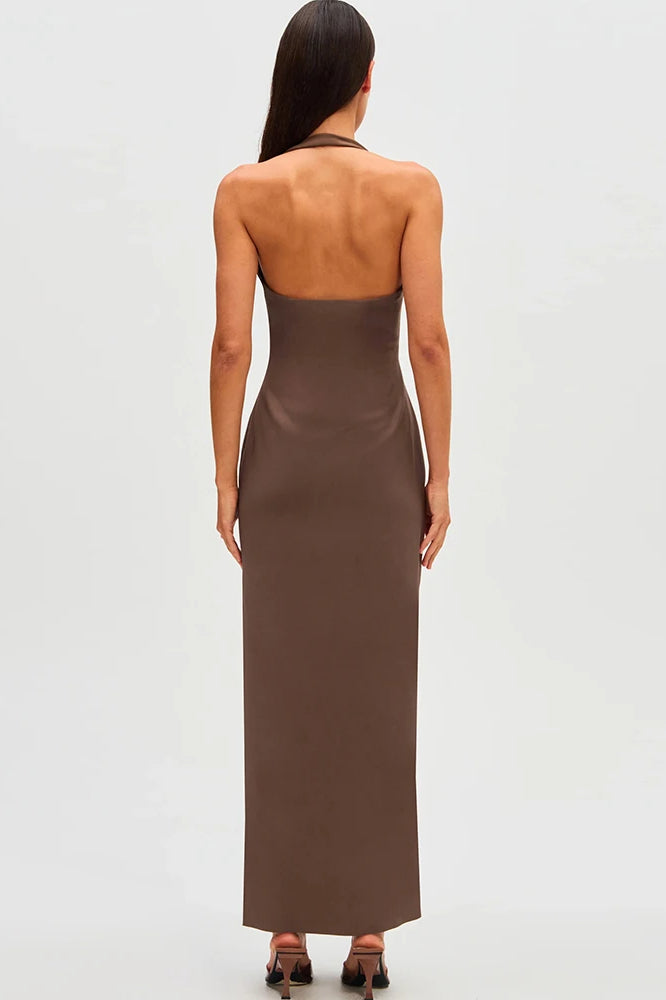 Halter Neck Extreme Plunge Ruched Neckline Bodycon Midi Dress